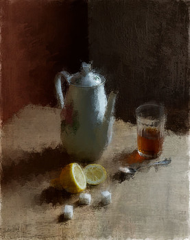 чай с лимоном / чайник, стакан, лимон