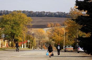 Дорога в осень / Дорога,люди,деревья,
