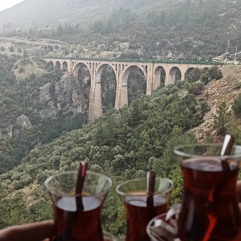 &nbsp; / Drinking Turkish tea while looking at the intersection of the nature with bridge