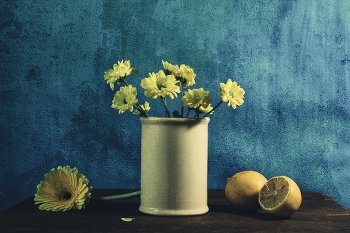 Жёлтые цветы / Цветы в вазе на синем фоне