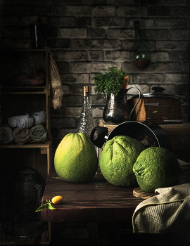 &nbsp; / still life about the secret life of kitchen dwellers, with Chinese mandarin (Fortunella) and three pomelo (Citrus maxima)