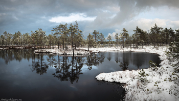 &quot;Снежное отражение&quot; / Межсезонье на болоте. Снег, первый лед и отражение небесной синевы в незамерзшем озере