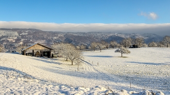  / auf dem Bergrücken liegt der Nebel wie ein Sahnehäubchen