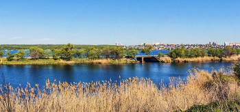 И утренняя синева весной, в мае.. / Утром за городской средо. У водоема. Весенним утром с возвышения.. Мостик, береговая линия, и город вдали на берегу. Камышовые на переднем плане. Многоплановая композиция..