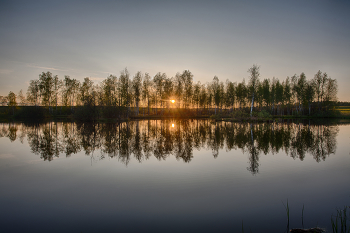 Озеро как зеркало / Понравилось сочетание спокойной поверхности озера, редких деревьев на противоположном берегу и заходящего солнца