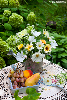 Цветы и фрукты. Лето / на столике в саду букет с космеями и фрукты