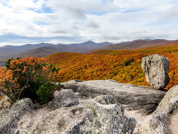 Осенняя "Самоварка" / Узнав недавно, что кроме всем известных достопримечательностей в районе залива Владимира есть еще какая-то "Самоварка", разузнал подробней и решили посетить. И не только не пожалели, но и решили, что место достойно посещения, и может, даже и не раз. Великолепная осенняя погода, начало дня (туристов было очень немного) позволили сполна насладиться красотой. Осенний Сихотэ-Алинь, живописные скалы, виды на залив Владимира... Понравилось.. Кедровый стланик вперемешку с низкорослым дубом, багульник в каменных ваннах... Интересные скалы. На снимке - Самовар (Падающий камень) - вроде бы так называют. Из сети: "...Сам комплекс представляет собой три выступающих над кронами леса скалы причудливой формы, располагающиеся на ближайшей сопке в районе п. Тимофеевка. На вершине одной из скал, на самом краю стоит камень. Рядом в камнях находятся многочисленные углубления естественного происхождения, наполненные водой, нагревающейся на солнце. Скорее всего, именно это явление и дало название всему комплексу – самовар. ... " Я бы только подправил - три макушки сопки...