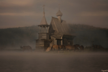 Туман,туман... / туман русский север часовня лошади