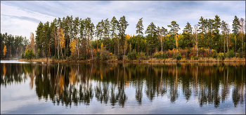 Fall on White Lake / Reflections of autumn colorful trees on the shore of a quiet forest lake in the evening before sunset. 
Original size 21941 x 9380 pix available upon special request.
