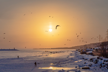 Середина марта / Волга ещё покрыта льдом,утки и вороны кружат у берега.