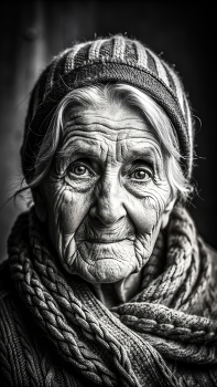 &nbsp; / A captivating black and white portrait of an elderly woman, showcasing the intricate details of her age-worn face. Her expressive eyes, framed by deep wrinkles, tell a story of resilience and wisdom. She wears a knitted cap and scarf, adding a touch of warmth and comfort to her appearance.