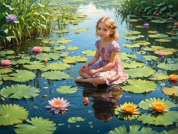 Дюймовочка / маленькая девочка сидит на листе кувшинки посреди озера, красочное изображение для детской книги
