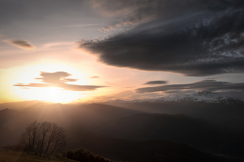 Sundown With Tree / Майский закат солнца на горе в селе Мравалдзали в Раче