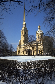 Peter and Paul Cathedral / Commissioned by Peter the Great, the Cathedral of Saints Peter and Paul is located inside the Peter and Paul Fortress in Saint Petersburg, Russia. 

Built on Zayachy Island, between 1712 and 1733, the cathedral's bell tower is the world's tallest Orthodox bell tower. It also acts as a lightning rod protecting the cathedral.

The cathedral houses the remains of most of the Russian emperors and empresses from Peter the Great to Nicholas II; including Catherine the Great, Empress of Russia for 34 years.

The Historic Centre of Saint Petersburg and Related Groups of Monuments was declared a World Heritage Site by UNESCO in 1991.

https://travelnotes.org/pics/Europe/28-Peter_and_Paul_Cathedral.htm