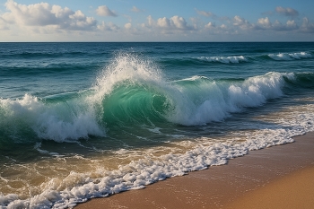  / A high-resolution, photorealistic capture of a turquoise wave curling toward a sandy shore under a clear blue sky. Sunlight filters through the translucent crest, highlighting the foam’s intricate detail and the gentle gradient of the shallow waters.