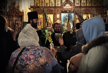 Монастырь. Праздничная служба. / Освящение Вайи (вербы).