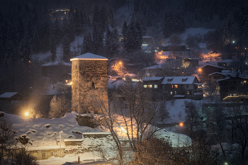 Svan Tower Under Snow / Snowy night in Mestia