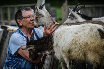 Доброта. / Хозяйка с добротой и лаской относится к своим козам, а они платят ей своим доверием. Калужская обл.. Малоярославецкий район, дер. Соловьиные Зори.