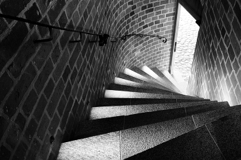 Свет и тени замка Топиау #3 / В замке Тапиау. Лестница. В 1340-х - 1350-х годах замок был полностью перестроен и использовался как «гостевой» для знатных европейских рыцарей, приезжавших во владения Ордена для участия в походах против язычников-литовцев. К настоящему времени от средневекового комплекса сооружений замка Тапиау сохранились в перестроенном виде северо-западный флигель и часть подвальных помещений восточного флигеля.