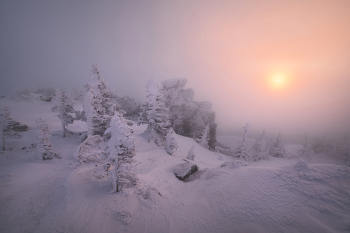 "Классика Зимнего Урала" / Классический зимний пейзаж гор Южного Урала. Заснеженные ели и скалы, укутанные туманом. Национальный парк Таганай