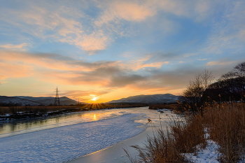 Зимний закат / Закат над излучиной р.Рудной, перед Рудной Пристанью. 01.26