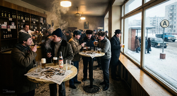 Пивник начала 80 х годов прошлого века. / Попытался по памяти создать типичную пивнушку конца 70х начала 80 х годов. Это Город Кемерово на пр. Ленина на против цирка. когда я был студентом, мы иногда захаживали туда выпить пивка и погреться когда ждали автобус. Тогда таких заведений было много особенно на проспекте Ленина. В Березовском помню одну такую в пос. шахты Южная. В общем то получилось, но нейросеть не всегда понимает нашу Россию особенно быт СССР, Есть косяки, но она учится, мы тоже ) А вы помните такие пивнушки? Завеяло ностальгией, все таки было так душевно)