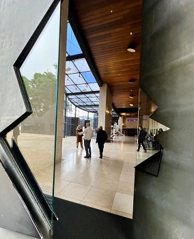 &nbsp; / Entrance door into the hotel lobby, modernist architecture