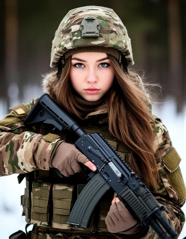 Девушка с автоматом / Женщина и война несовместимы, но факт. Сделано с помощью нейросети.