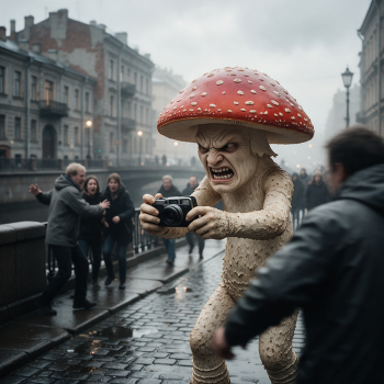 Питерский мухомор-фотограф. / Злой мухомор с мыльницей пристаёт к прохожим на улице Санкт-Петербурга.