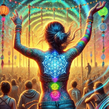 &nbsp; / A dancer illuminated with glowing sacred patterns and radiant chakras, lost in the collective energy of a festival beneath a starlit sky.