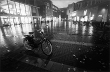 В промокшем городе... / Город после дождя.Листья.Одинокий велосипед.