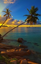 Dream seascape / Excellent sunset view with a big stones and palmtrees, Seychelles, La Digue island