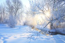 Зимнее утро / Зима,утро,река,туман,солнце