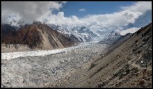 Ледник Райкот. / двухрядная панорама Ледника Райкот, Пакистан. Справа виден кусочек Горы Убийцы- Нанга Парбата.