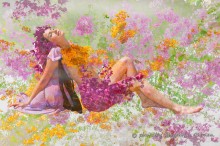 Bliss and Delight / Fantasy, collage. Girl in spring flowers indulge in luxury and bliss