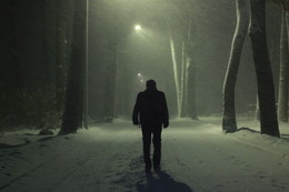 один в темноте / человек в парке зимой ночью