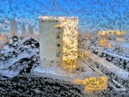вид из окна морозным утром января / мороз - 20 - такие узоры на стекле. Вид из окна с места работы ранним январским утром