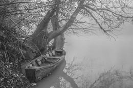 лодка / утро, туман, река, лодка