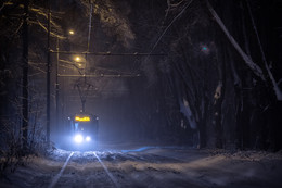 Ночь, снег, фонарь, трамвай / Снегопад в парке Измайлово.