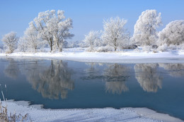 Синий синий иней . . . / Река еще не скована льдом,но мороз украсил деревья инеем.