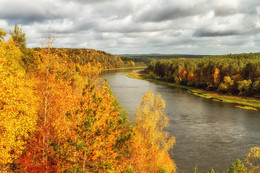 Осенью река Нямунас / Река Немунас осенью, когда листья деревьев падают