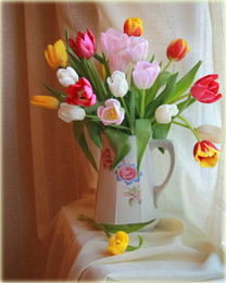 Майское состояние / Трогательной вестью о весне, 
Вытянув листочки торопливо 
Зацвели тюльпаны на окне, 
Ярко и божественно красиво!