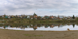 деревенское утро / вид на озеро и село, животные и птицы оживляют кадр