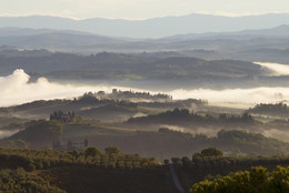 Ранее туманное осеннее утро в Тоскане / Ранее туманное осеннее утро в Тоскане. Окрестности Сан-Джиминьяно, Италия
