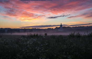 Перед рассветом / утро, туман, Гребневская Никольская зимняя церковь