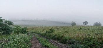 "По туманной дороге" / Прошлогодняя фотография.Из серии"Июльские туманы".Панорама из 2х горизонтальных кадров.