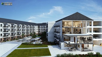 Вырезать секцию 3-х этажного плана жилой квартиры от архитектурного дизайн-студии / Виртуальный интерактивный 3D-план этажа Окружающая среда Serenic Nature Landscape создает более экстравагантный вид с 3D-рендерингом интерьера жилых квартир от Yantram 3D Animation Studio