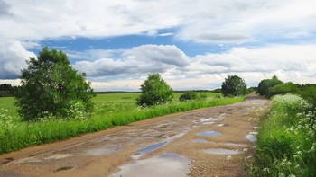 По просёлочной дороге..... / Где-то в Тверской области... Прошёл тёплый летний дождь, туча быстро унеслась и снова - голубое небо, яркое солнце... И только лужи на дороге напоминают о прошедшем дожде...
