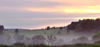Панорама утренней зари и тумана в ложбине / Панорама утренней зари и тумана в ложбине