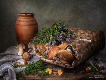 Грибное лукошко / натюрморт с грибами в стиле ретро